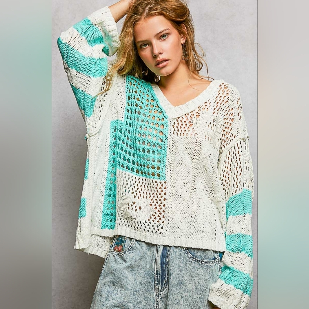 POL Turquoise & White Open Weave Crochet Stripped Patchwork V-Neck Sweater
